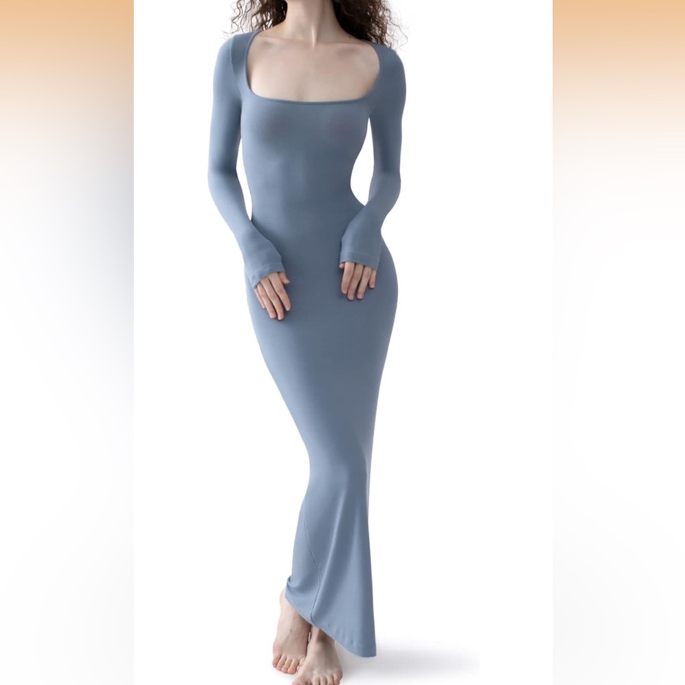 Square neck long sleeve ribbed maxi dress
